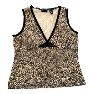 New York And Company Brown Leopard Print Lace Trim Sleeveless Top XL Y2K Glam